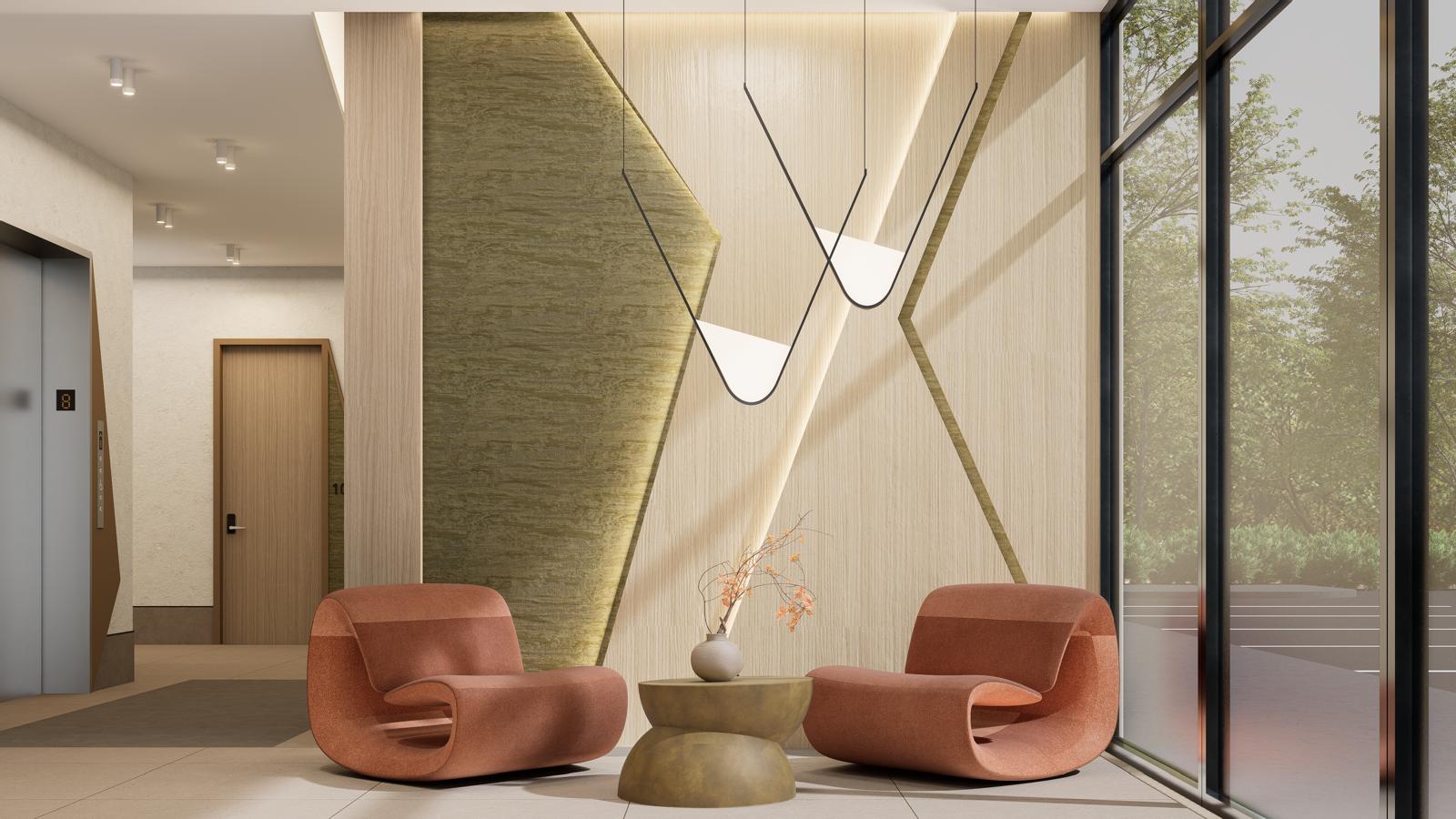 Lobby lounge with terracotta chairs, sculptural pendant lighting and a green textured accent wall