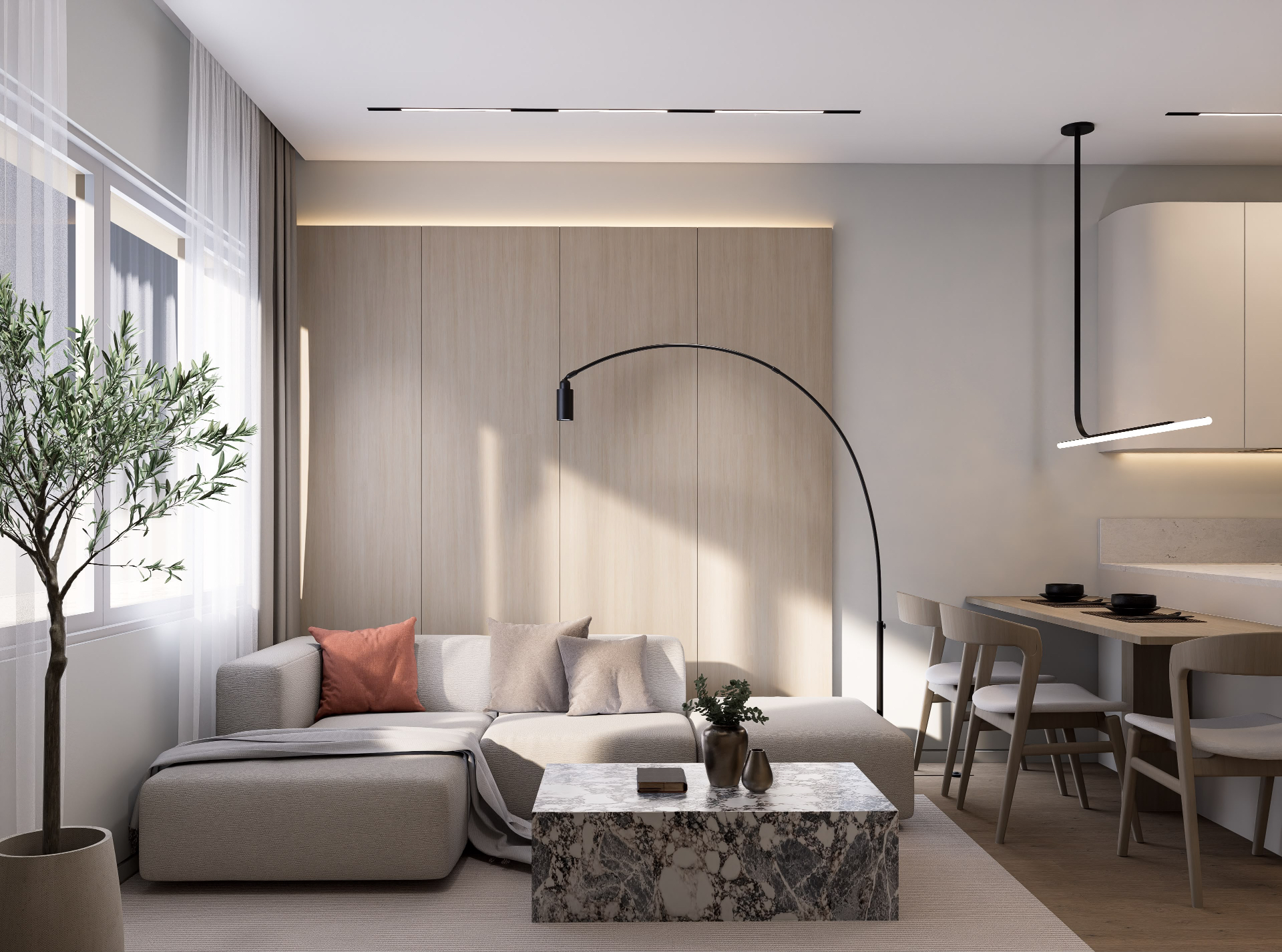 Open-plan living room with pale oak millwork wall, arc floor lamp, boucle sectional and marble coffee table